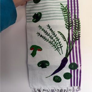 Anthropologie Vegetable Print Textured Fringe Kitchen Towel Green and Purple NWT